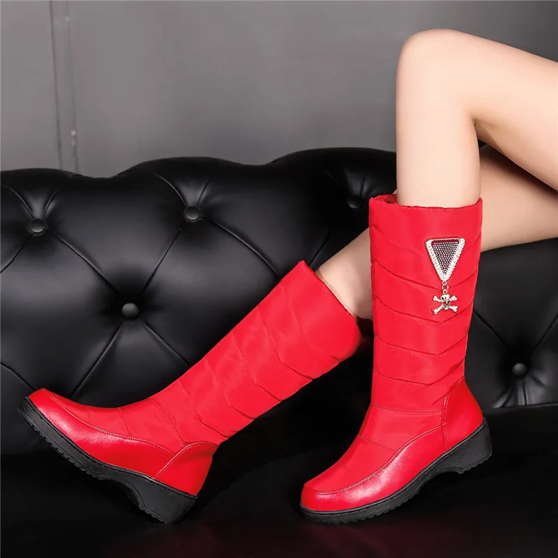 MORAZORA/Большие размеры 35-44, черные, красные зимние ботинки женские ботинки на платформе и среднем каблуке с черепом теплые зимние ботинки из плюша женская обувь