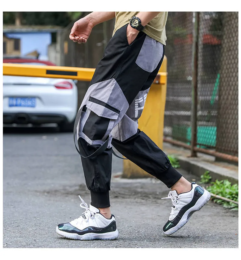 Pockets Cargo Pants Men Letter Embroidery Hip Hop Harem Joggers Color Patchwork Track Trousers Man Skateboard Streetwear Pants