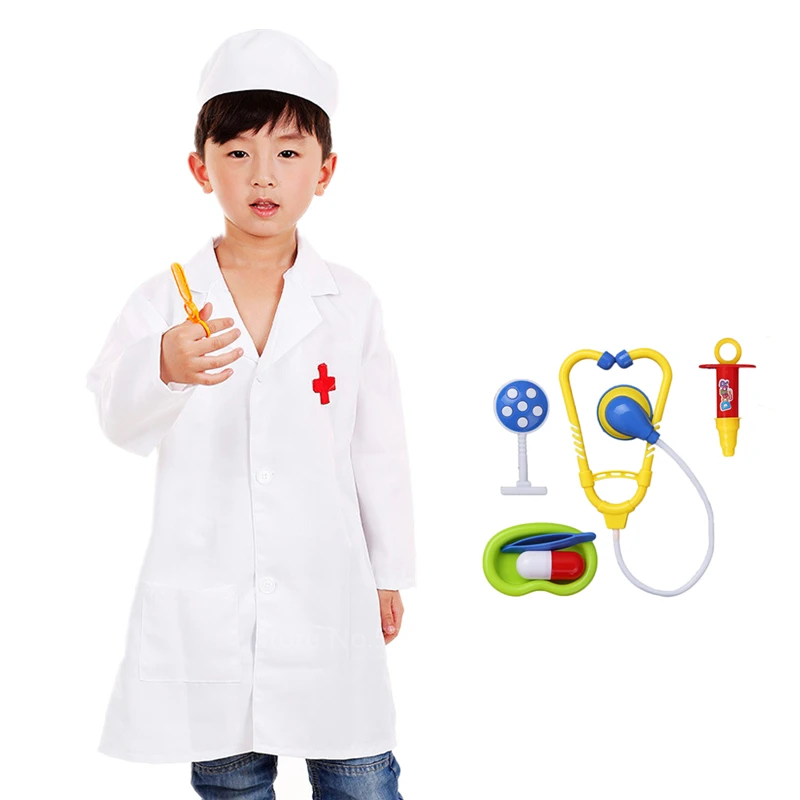 White with toys Детский костюм Доктора для ролевых игр, костюм медсестры для костюмированной вечеринки, медицинская Больничная лаборатория, куртки с шапкой, Рабочая форма - Цвет: White with toys