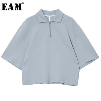 

[EAM] Women Blue Solid Color Brief Temperament T-shirt New Lapel Half Sleeve Fashion Tide Spring Summer 2020 1T033 1T033