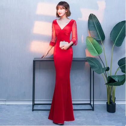 Robe De Soiree вечернее платье с коротким рукавом модное платье-Кафтан abaya с v-образным вырезом бордовое вечернее платье Русалка длинное платье Vestido Longo - Цвет: Красный
