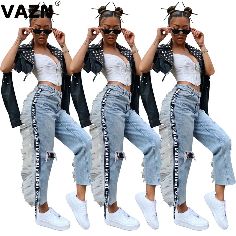 Light blue VAZN YD8142 размера плюс джинсы Высокая улица молодой Смарт отверстие смарт Мода выдалбливают Твердые Женские длинные прямые джинсы брюки - Цвет: Light blue