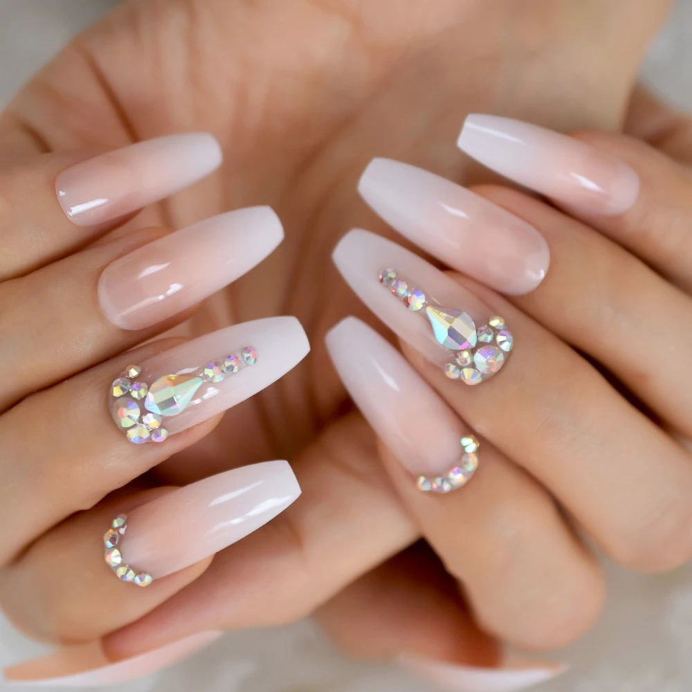 Ombre Luxury Strass Fake Nails Ab Rhinestone Decorative Extra Long  Ballerina White Full Cover Artificial Tips Natural 24 - False Nails -  AliExpress