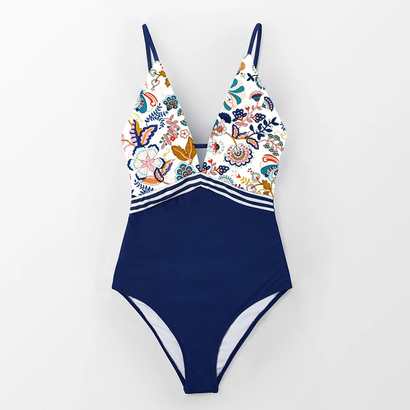 

2019 Sexy V-Neck One Piece Swimsuit For Women Print Push Up Swimwear Bodysuit Monokini Pad Bathing Suit Beach Wear Female