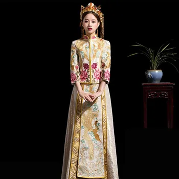 

Phoenix Lady Embroidery Exquisite Qipao Champagne Flower Cheongsam Noble Bride Wedding Dress Chinese Style Marrige Suit Clothes