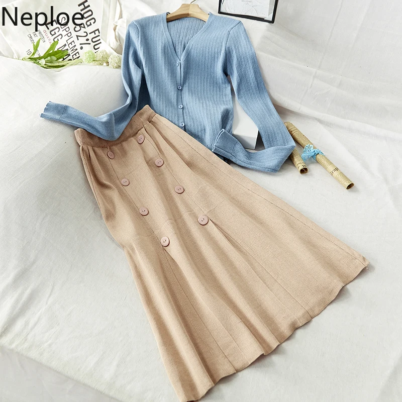 Neploe вязаный Свободный кардиган с v-образным вырезом свитер+ Однотонная юбка трапециевидной формы с высокой талией осенне-зимний элегантный женский комплект из двух предметов 46675