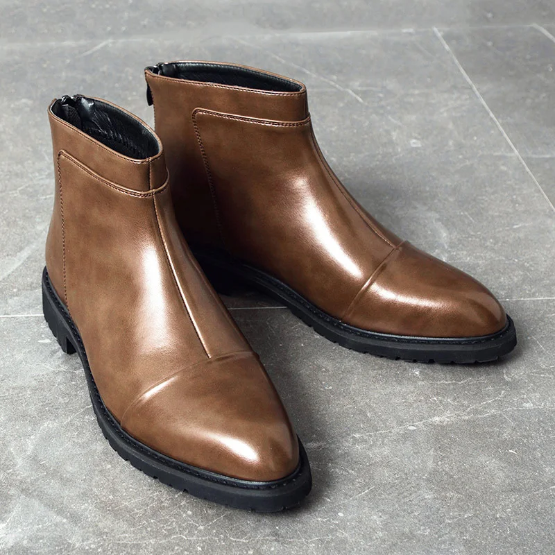 

UPUPER Mens Ankle Dress Boots With Zipper Comfortable PU Leather Pointed Toe Chelsea Oxford Boots For Men Retro Brown