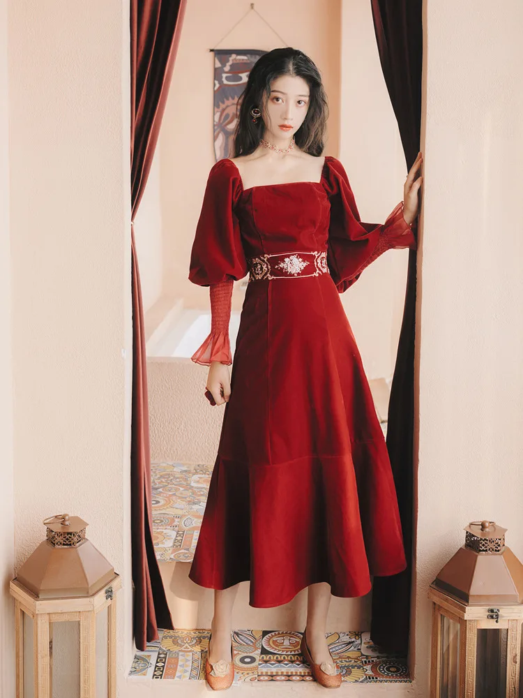 

2019 New Style Cinnabar Red Retro Embroidered Lantern Long Sleeve Slimming Fishtail Skirt Slim Fit Autumn And Winter Dress Long