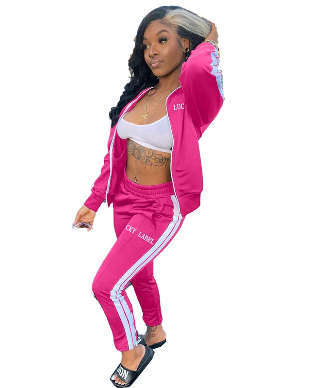 Lucky Label 2 Piece Outfits Women Sweatsuit Striped Sets Zip Top Leggings Sweatpants Jogger Fall Clothes  Wholesale Dropshipping