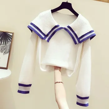 

2019 New Autumn Winter Color Block Navy Collar Long Sleeve Sweaters All-match Loose Pullovers Women Knitted Top