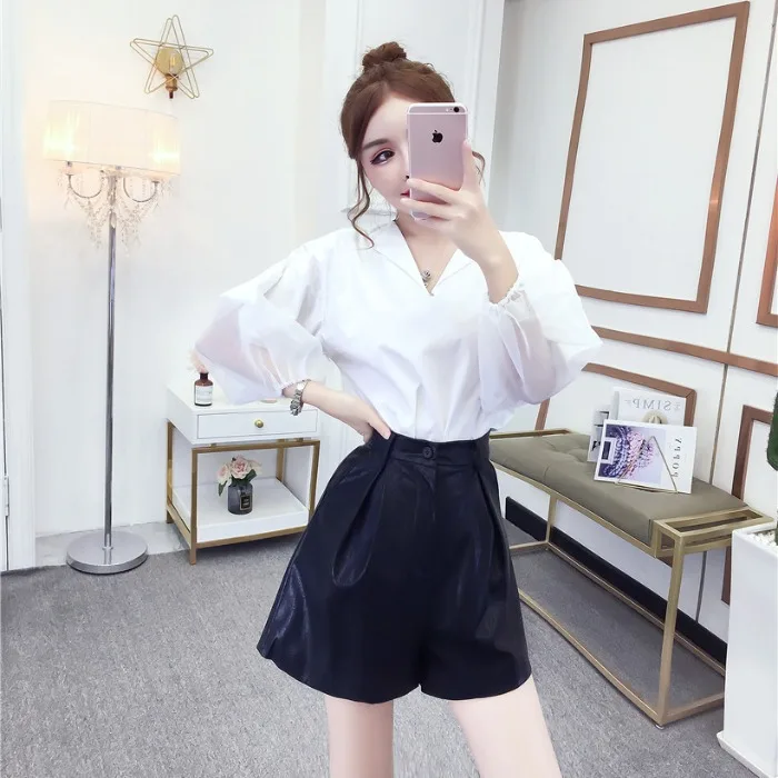 

Early Autumn WOMEN'S Suit 2019 New Style Elegant Gauze Joint Shirt + Fashion High Algam Shorts Two-Piece Set WOMEN'S Dress