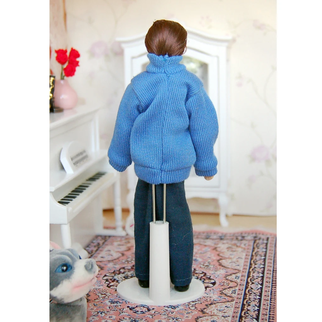 Dolls House Miniature Porcelain People Figure Man in Blue Sweater with Stand