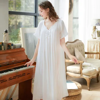 

Female Solid Long Loose Nightgown Sexy Cotton Nightdress Sleepshirt Retro Princess Palace Style Nightshirt Summer New Sleepdress