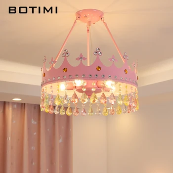 

BOTIMI Pink Crown LED Pendant Lights For Kids Room Suspension Crystal Girl Bedroom Golden Boys Hanglamp Home Baby Pendant Lamp