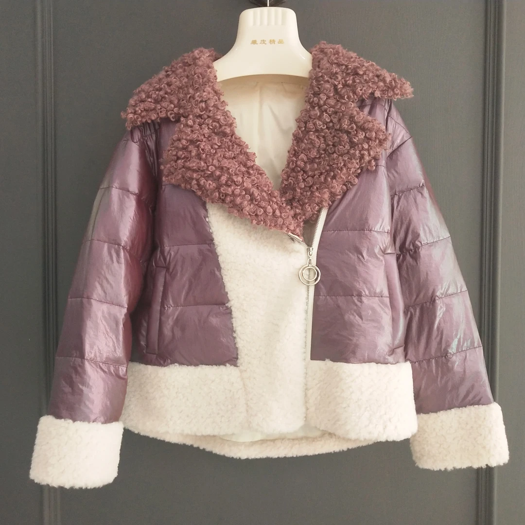 

High quality down jacket winter coat women patchwork natural real sheep fur parka turn-down collar genuine lamb fur clothing