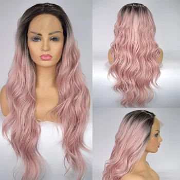 

Dark Roots to Pink Ombre Wig Synthetic Lace Front Wig for Women Heat Friendly Fiber Hair Half Hand Tied Daily Wear Makeup Wigs