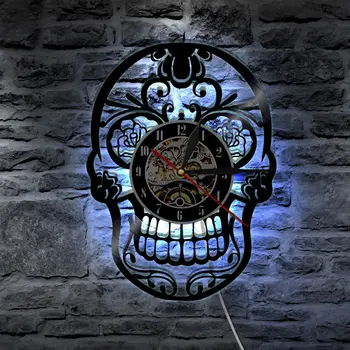 

LED Wall Clock Modern Design with 7 Different Colors Change Skull Vinyl Clocks 3D Digital Wall Watch Home Decor Silent 12 inch
