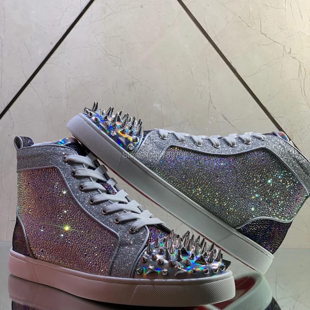 High Top Red Bottom Silver Genuine Leather For Men Spike Color Crystal Sports Shoes Casual Flats Loafers Rivets Toecap Sneakers High Top Red Bottom Silver Genuine Leather For Men Spike Color Crystal Sports Shoes Casual Flats Loafers Rivets Toecap Sneakers