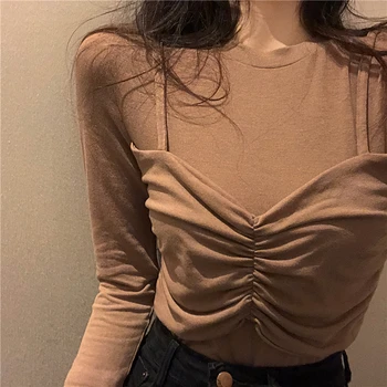 

Autumn Winter Women O-neck Long Sleeve T-shirts Tee Girls Solid Slim Patchwork Fashion Tees T shirts Tops For Female