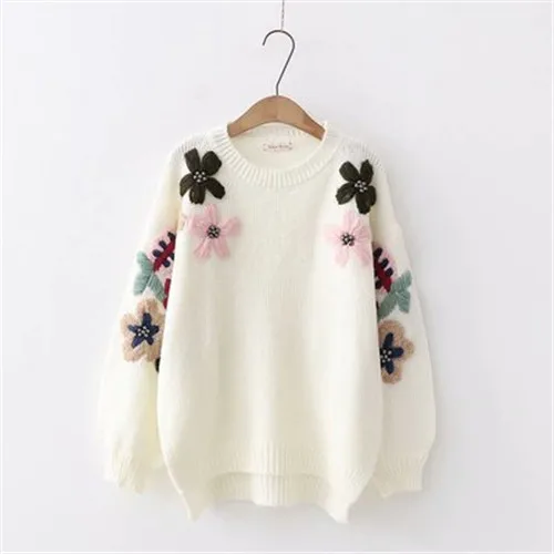 Новинка, зимний женский свитер с жемчугом, винтажный свободный свитер с цветочной вышивкой, женский корейский Однотонный пуловер и джемпер с круглым вырезом - Цвет: white