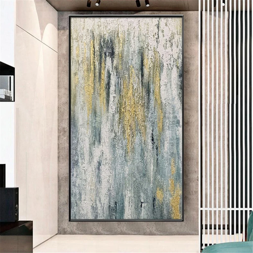 

Hand-Painted Modern Oil Painting Abstract Mural View Canvas Picture Thick Blue Gold Wall Art For Home Decor Living Room Office