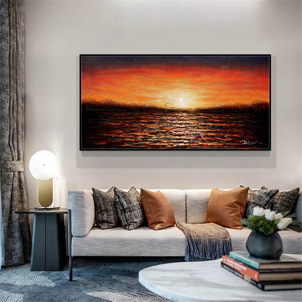 

Sunset Landscape Hand Painted Oil Painting On Canvas Handmade Mountain Seascape Paintings Wall Art For Bedroom Modern Home Decor