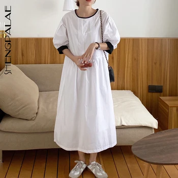 

SHENGPALAE 2020 New summer Women Vintage Loose High Waist Slim Was Thin Elegant Hit color puff sleeve Maxi Dress ZA4439