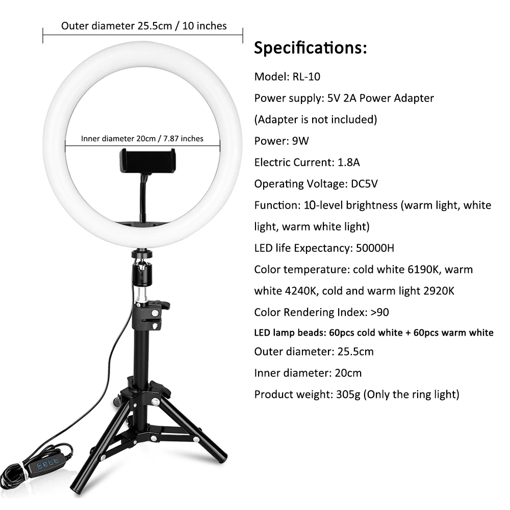 Кольцевой светильник spash RL-10, 26 см, USB, с регулируемой яркостью, кольцевая лампа, светодиодный кольцевой светильник с держателем для телефона, штатив, подставка для макияжа, кольцевая лампа для видео