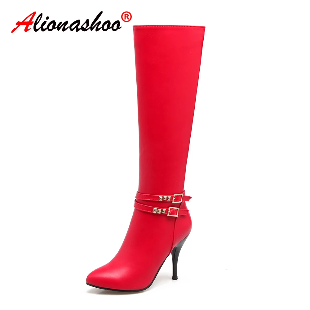

2019 Spring/Autumn Pu Leather Over-the-Knee Boots Pointed Toe Thin High Heels Zipper women's boots Double Belts Large Size 34-43