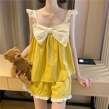 

Pajamas Free Shipping 2020 Sweet and cute big bow loose flounce pajamas home wear