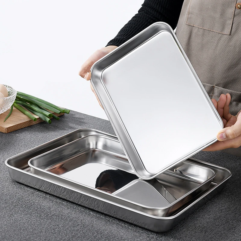 Rectangle Thicken Stainless Steel Food Storage Tray Steamed Sausage  Plates Fruit Baking Pastry Pans Kitchen Bread Loaf Dishes 3