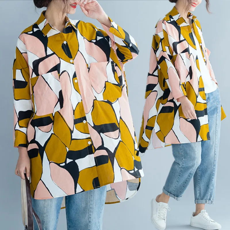 

BIG SIZE 4XL Spring Autumn Women Fashion Elegant Novelty Print Tops Ladies Female Large Long Cotton Split Loose Blouse Shirt