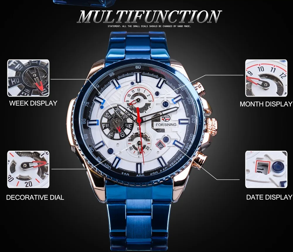 Forsining Business Mens Watches Top Brand Multicolor Man Clock Blue Stainless Steel Mechanical Automatic Stylish Male Wristwatch