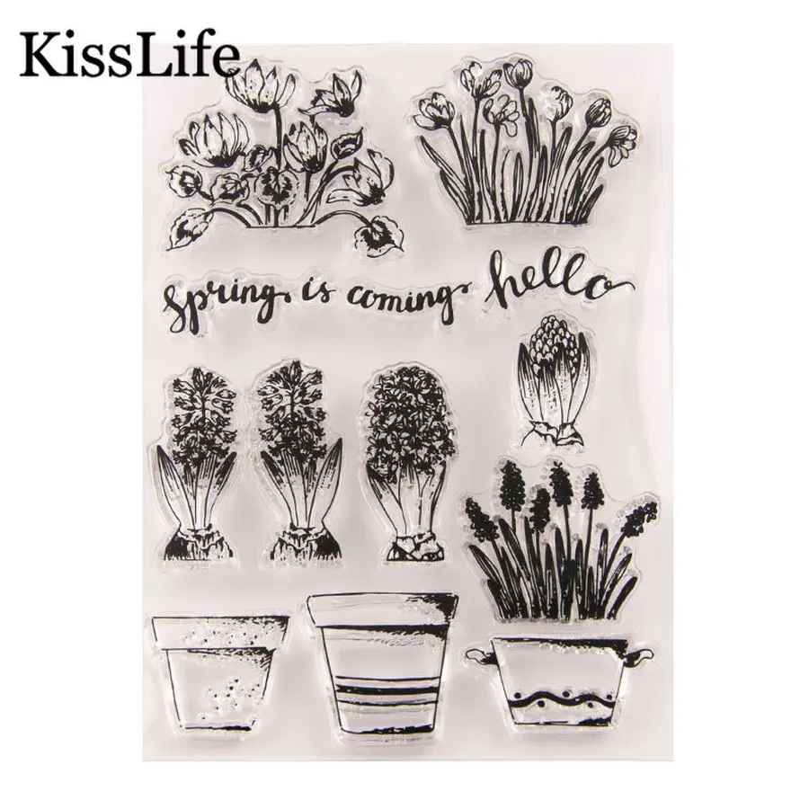 1 лист Красивые цветочные листья горшок весна Hello буквы прозрачные резиновые