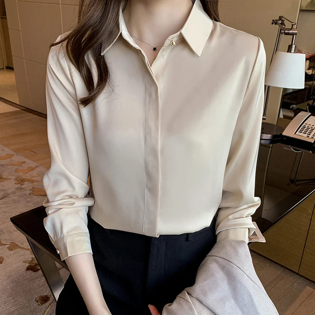2022 Autumn Satin Women's Shirts Fashion Silk Button Solid OL Elegant Ladies Tops Long Sleeve Blouse Basic Women Shirts Blouses Apricot