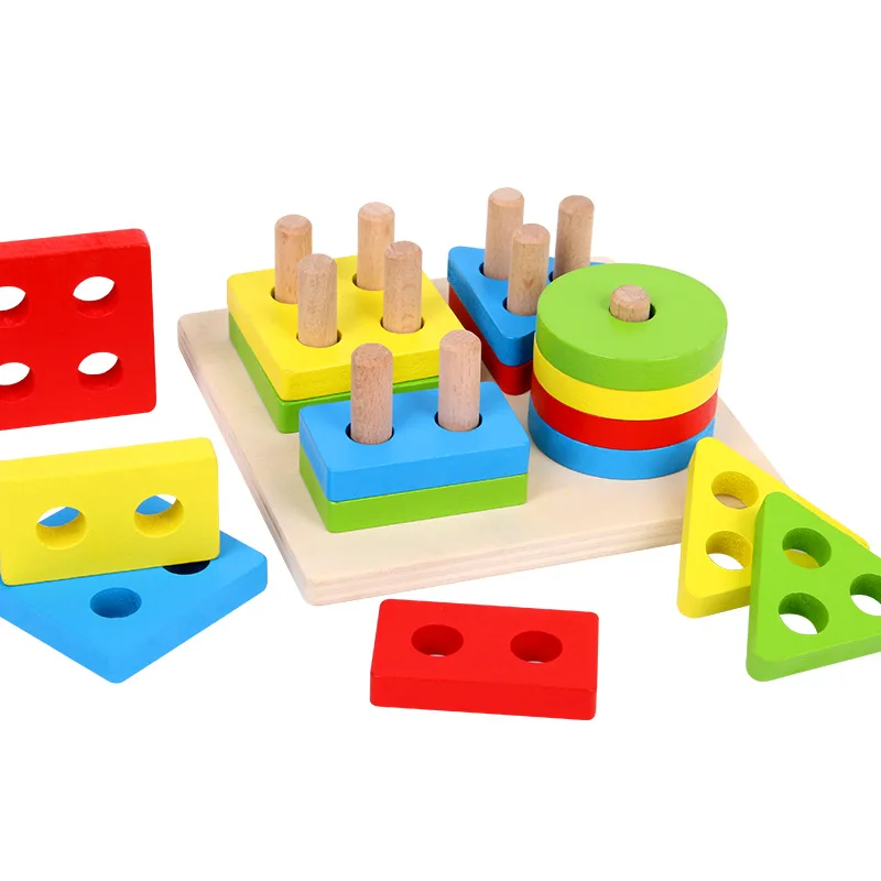 

Children'S Educational Wooden Four Case Column Toy Early Education Wisdom Case Column Intelligence Geometric Shapes Cognitive Ma