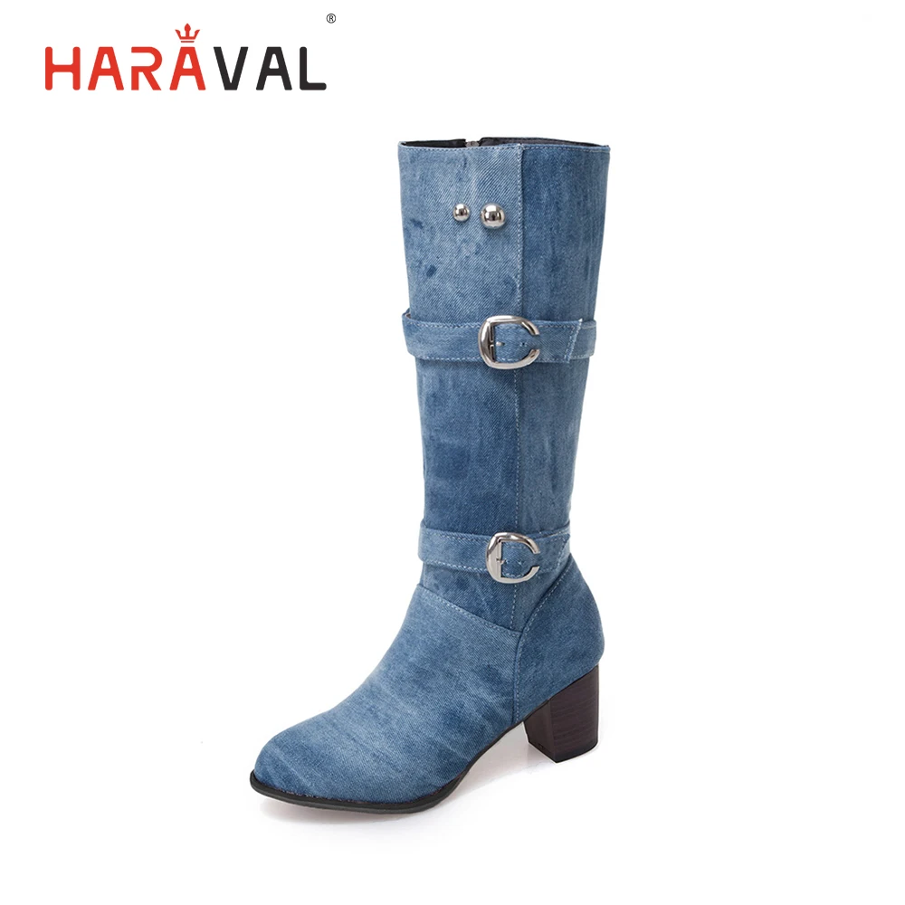 

HARAVAL Classic Woman Winter Mid-calf Boots Quality Denim Round Toe Square Heel Shoes Fashion Buckle Zipper Solid Soft Boot B257