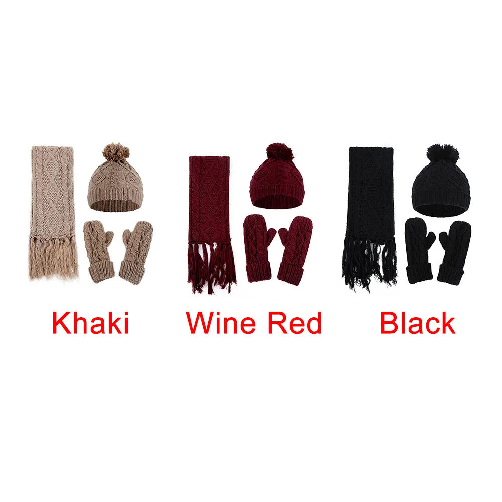 Искусственный шерстяной вязаный теплый ветрозащитный комплект Повседневный зимний шарф и перчатки шапка