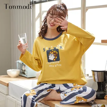 

Tonmodi Women's Pajamas Set Spring And Autumn New Thin Cartoon Animal Long Sleeve Cute Pajamas Simple Home Service Pajamas
