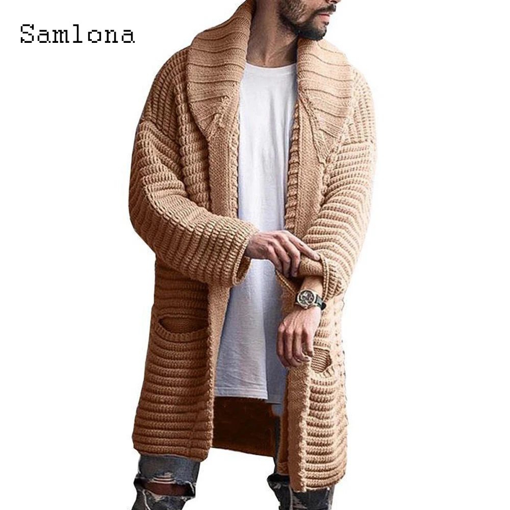 Samlona Plus Size 4xl Men Autumn New Knitting Sweaters Winter Long Coats Mens Patchwork Top Cardigans Pocket Design Sweater 2021