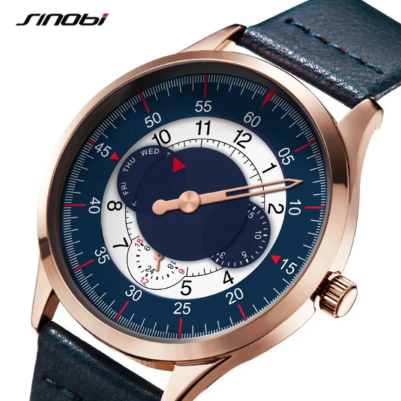 

SINOBI New Arrival Mens Watches Creative Turntable Design Man Watch Leather Strap Quartz Wristwathces Date Week Clock relogio 19