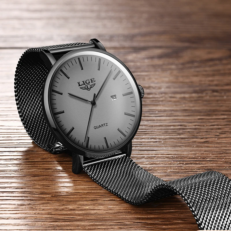 

New Gray Stainless Steel Mesh Wristwatch LIGE High Quality Multi-Function Date Top Brand Luxury Watches Mens Relogio Masculino