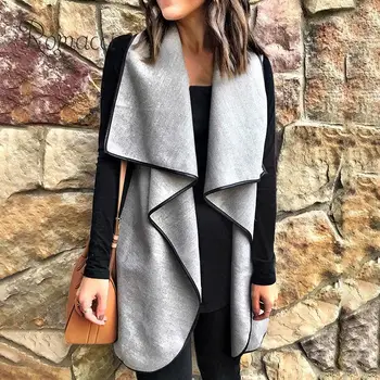 

Fashion Women Open Front Cardigan Waistcoat Sleeveless Draped Collar Autumn Spring Casual Coat Streetwear Grey 2019