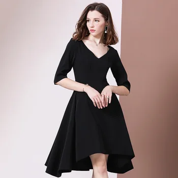 

BacklakeGirls Autumn Sexy V Neck Half Sleeve Irregular Satin Evening Dress Formal Black Office Dress vestido fiesta