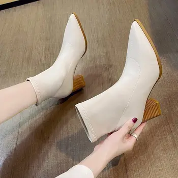 

Slim Short Boots Woman High Heeled Ankle Boots Women Autumn Shoes Pointed toe Square Heel Female Footware Slip on Black Beige