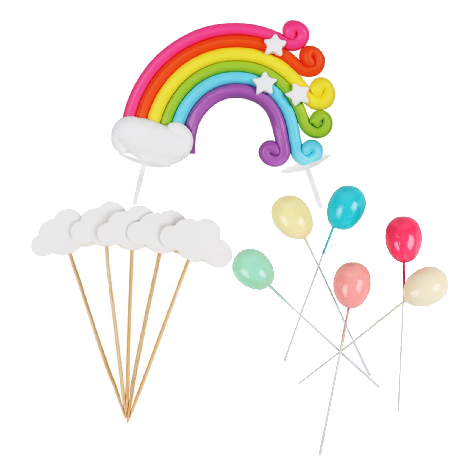 1 Set Rainbow Cake Topper Cupcake Picks Birthday Party Cloud Balloon Decorations