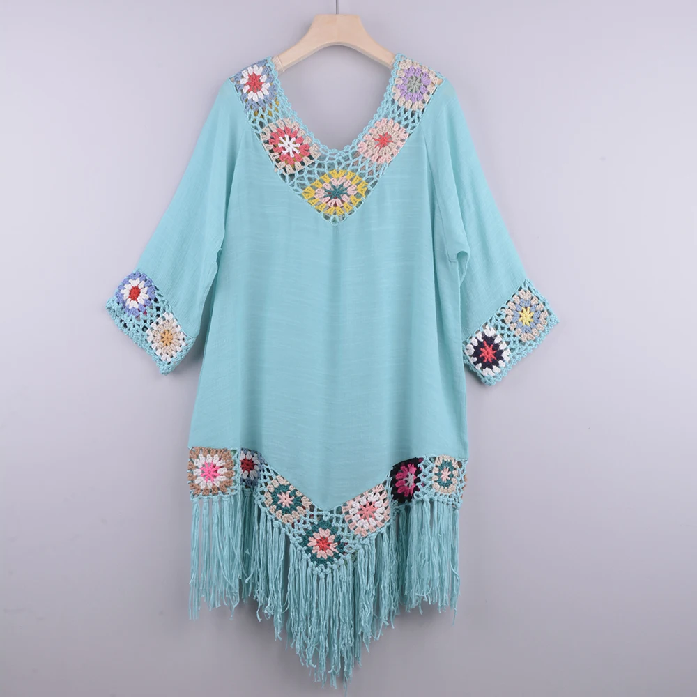 bathing suit bottom cover up White Bikini Cover Up With Fringe Trim Women Sexy Hollow Tunic Beach Dress 2021 Summer Bathing Suit Beachwear white bikini cover up