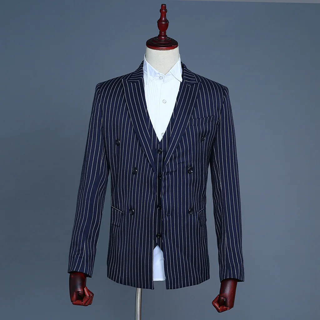 wedding suits for men stripe costume terno masculino 3 piece set men Blazer Host Show Jacket+ Pants+ Waistcoat d90726