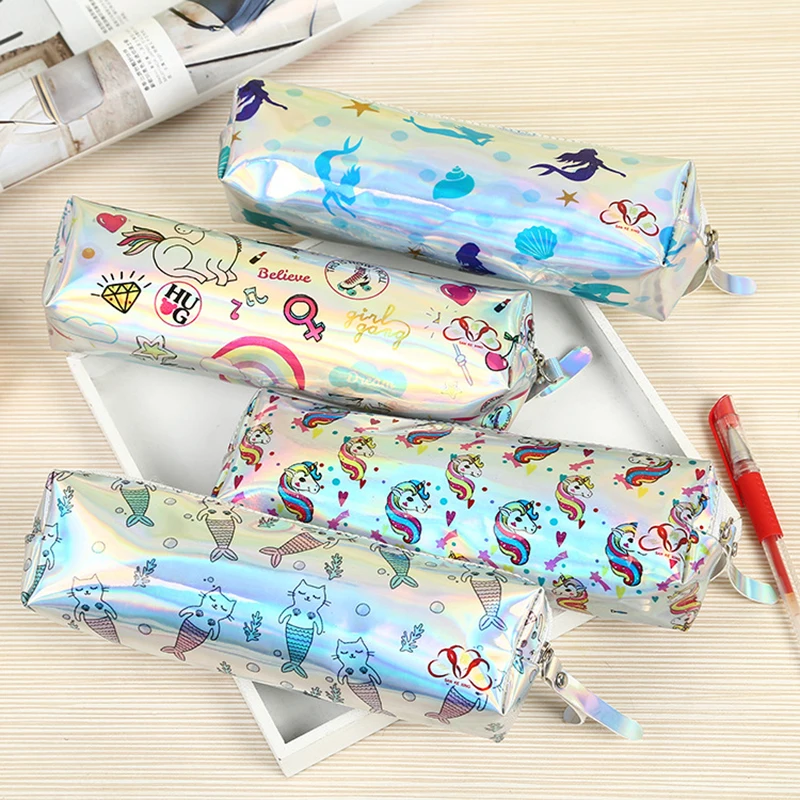 

Unicorn Pencil Case school supplies Cartoon Anime Laser Pencilcase student stationery storage holographic pencil cases for girls