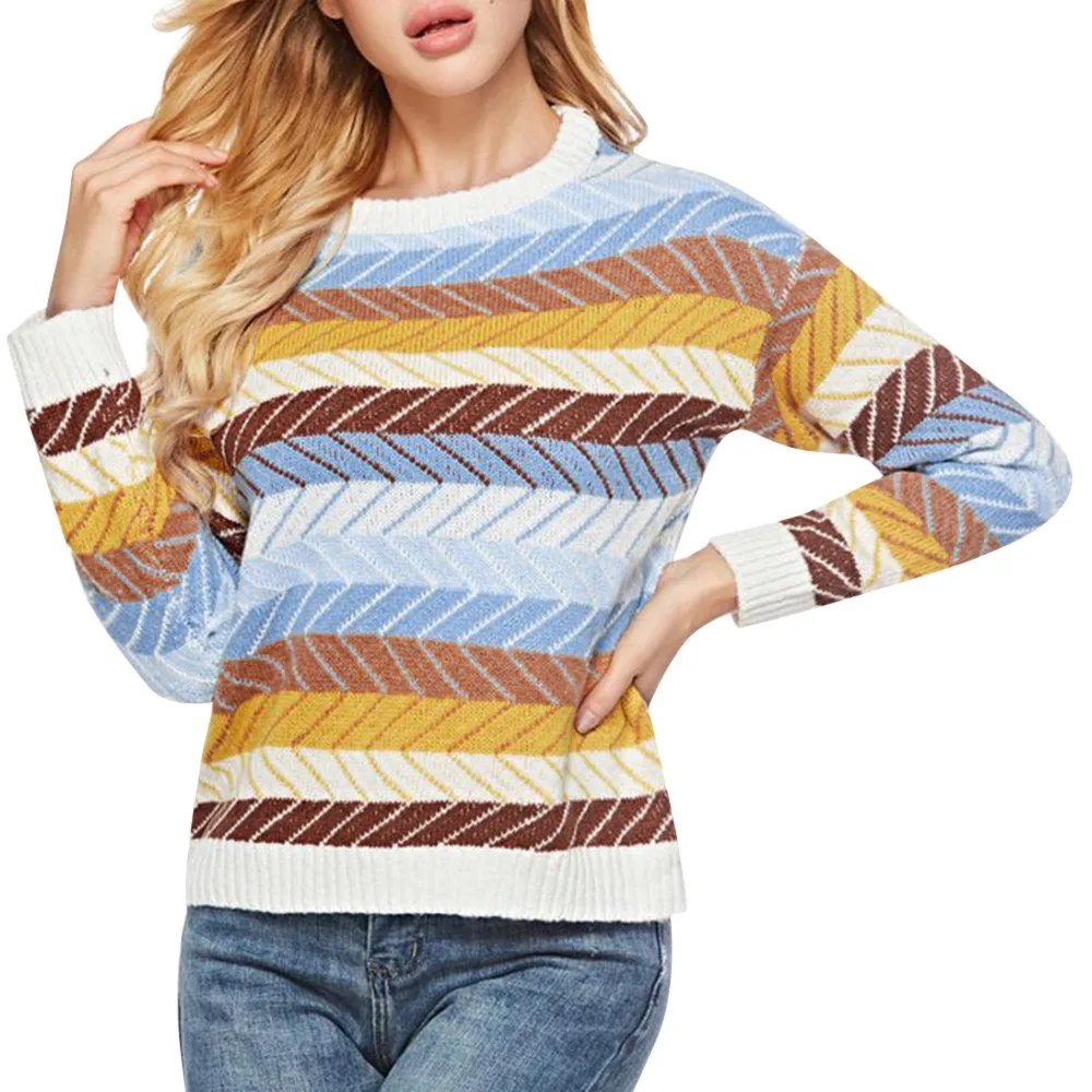 

Women's Sweater New Long-sleeved Round Neck Striped Print Autumn and Winter Fashion Casual Daily Warm Loose Comfortable Top #S